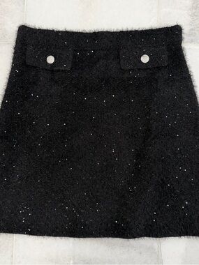 Sandro Black Knitted /Tweed-like Mini Skirt with Silver Accent Buttons
